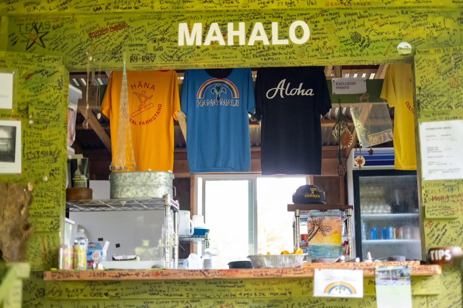 Shop counter with folded shirts on display