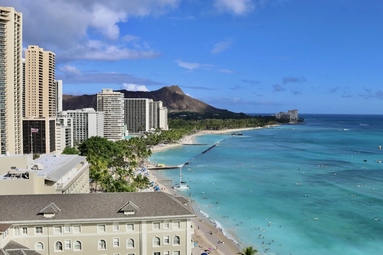 Beachfront condominium buildings along the shore