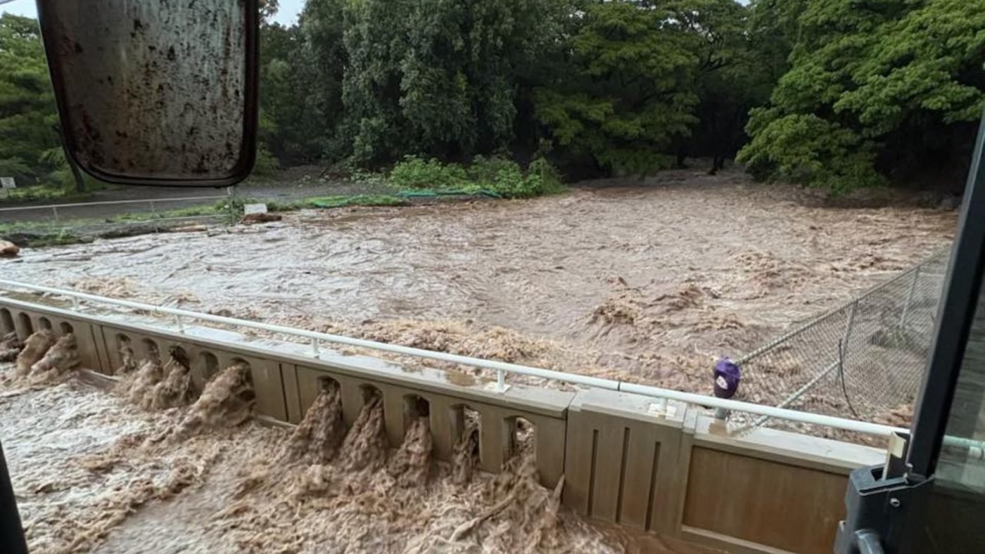Floodwater pouring over Kawela Bridge on Kamehameha V Highway, Molokaʻi, March 22, 2026