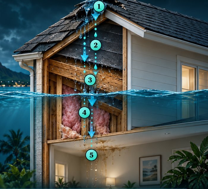 Night-storm cutaway of a two-story Hawaii home: numbered markers follow water from lifted shingles at the roof peak, through exposed underlayment and wet decking, into soaked pink insulation in the wall cavity, down to a ceiling stain in the lit living room below a glowing ocean waterline