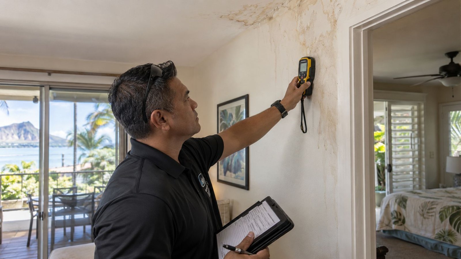 A professional taking a moisture meter reading on a wall near a subtle water stain in a Hawaii home