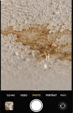 Phone camera close-up of a wet ceiling stain with a water droplet