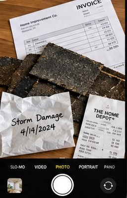 Phone photo of kept storm debris, a dated label, receipts and invoices as claim evidence