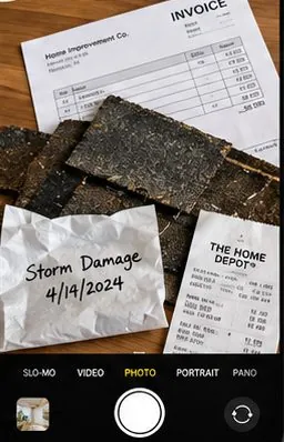 Phone photo of kept storm debris, a dated label, receipts and invoices as claim evidence