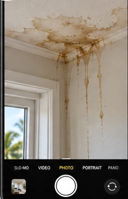 Phone camera taking a medium photo showing where ceiling damage sits in context