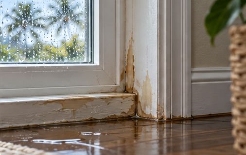 Wind-driven rain damage around a residential window with peeling paint and water on the floor