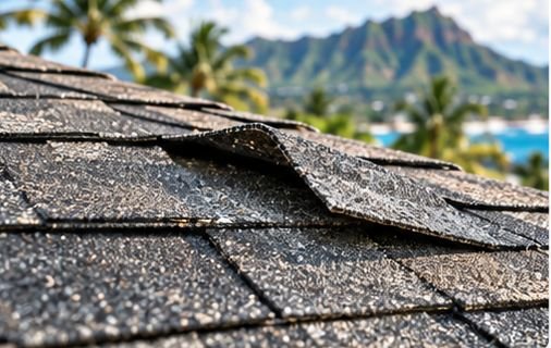 Close-up of wind-lifted and creased asphalt shingles on a Hawaii roof
