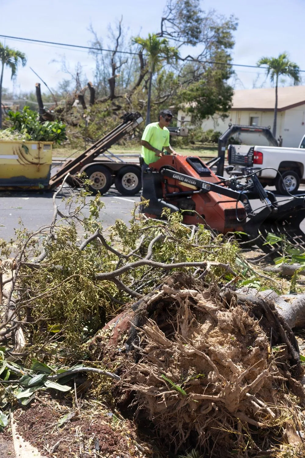 Recovery crews clearing fallen trees and storm debris at Pacific Missile Range Facility, Kekaha, Kauaʻi, after Hurricane Lowell