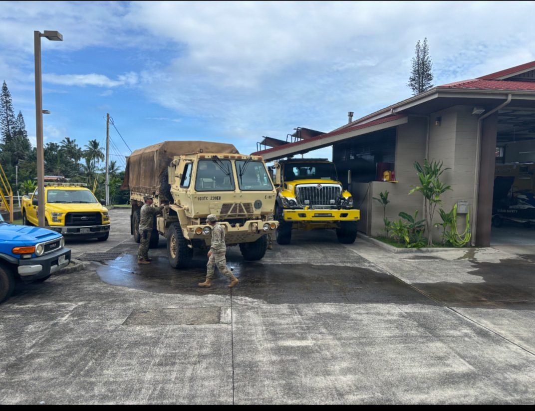 Hawaii Army National Guard soldiers staging a high-water vehicle at Hāna Fire Station, East Maui, before Hurricane Nolo, September 24, 2026