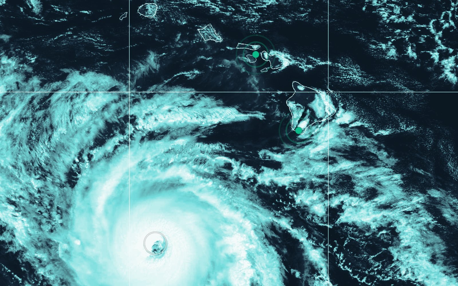 Satellite view of Hurricane Nolo on September 27, 2026: the eye well south-southwest of the Hawaiian Islands, with the two hardest-hit areas marked — West Maui (terrain-enhanced winds) and Kaʻū on Hawaiʻi Island (renewed flooding)