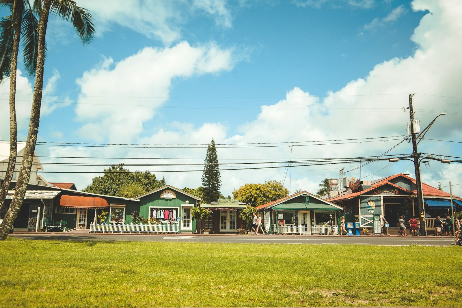 Kauaʻi neighborhood with homes, green lawns and mountains under a cloudy sky